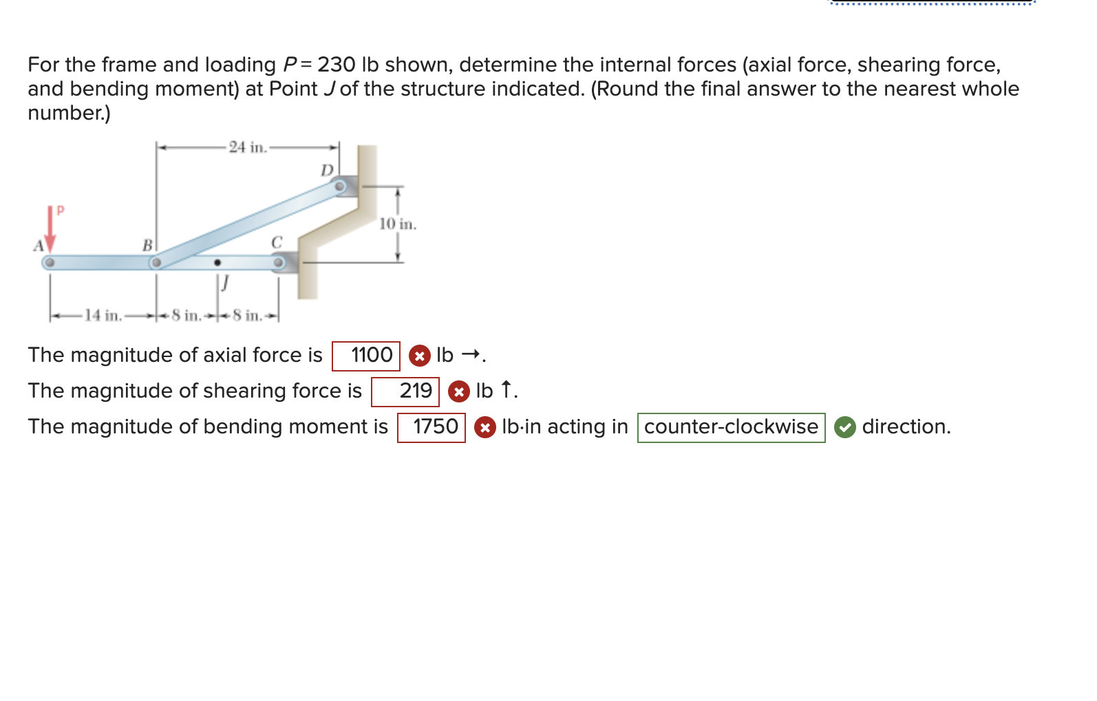 For the frame and loading P = 2 3 0 lb shown,