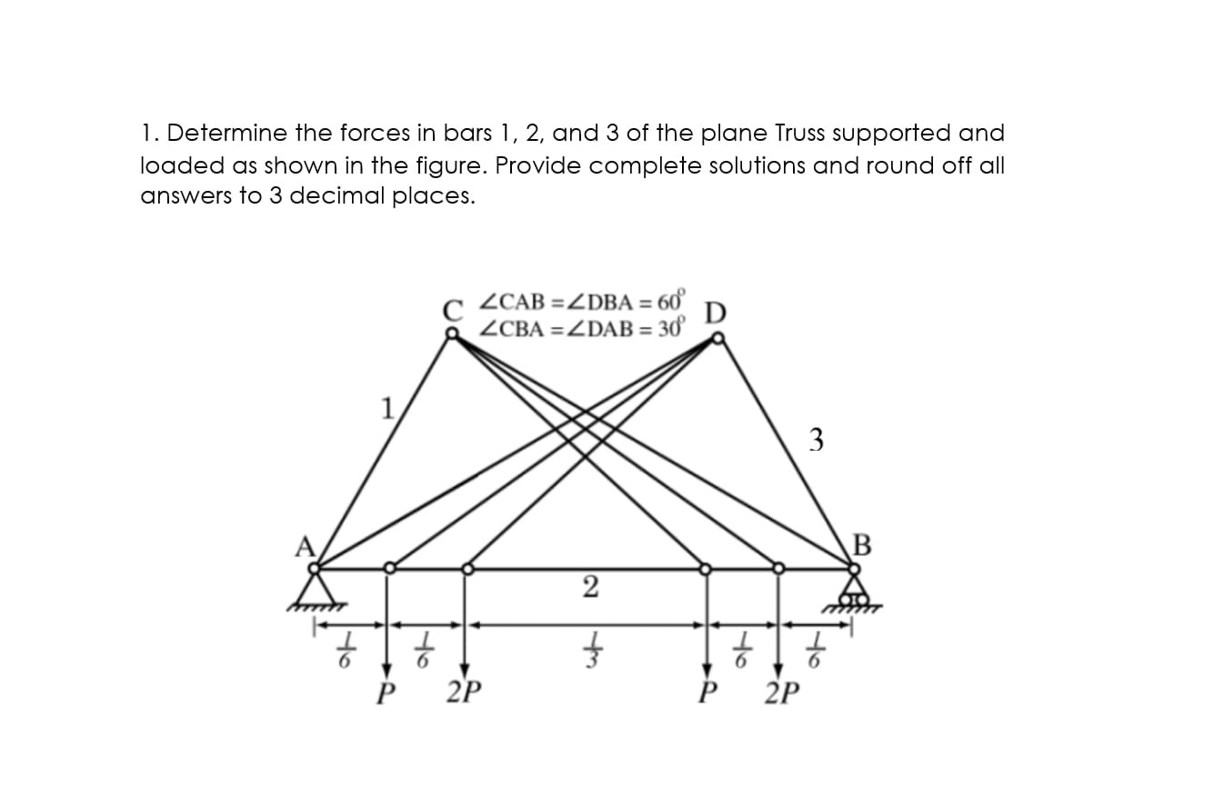 1 . Determine the forces in bars 1 , 2 , and 3 of