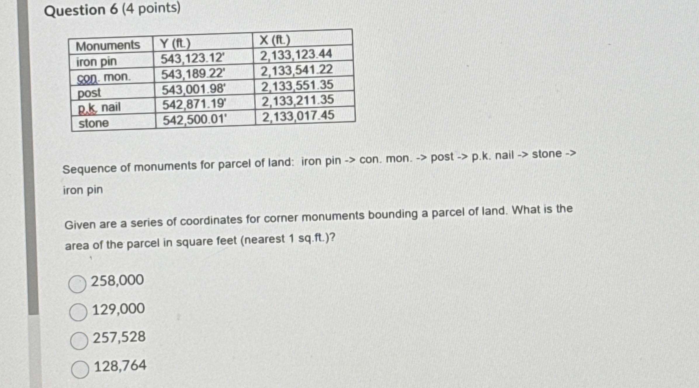 Question 6 ( 4 points ) \ table [ [ Monuments , .