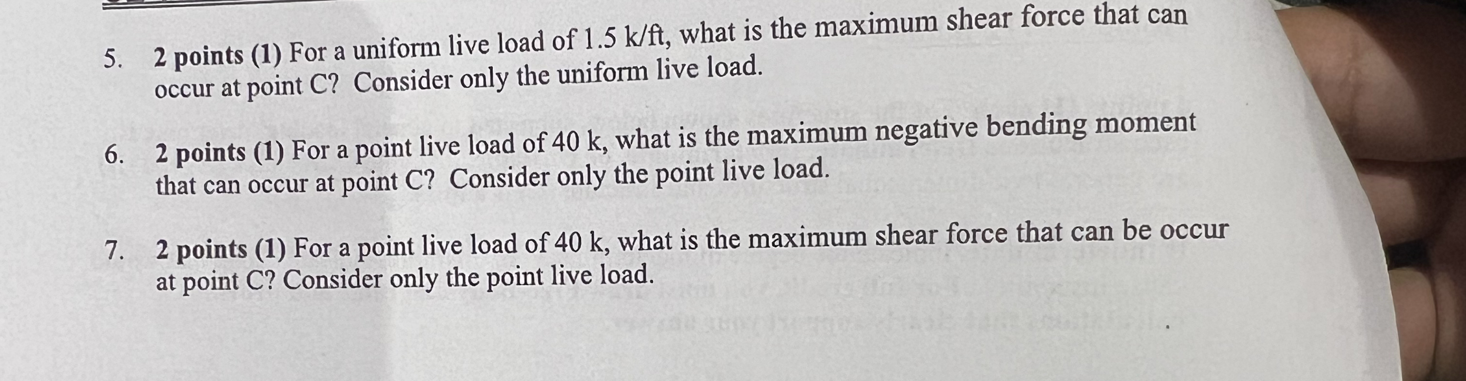 2 points ( 1 ) For a uniform live load of 1 . 5 k