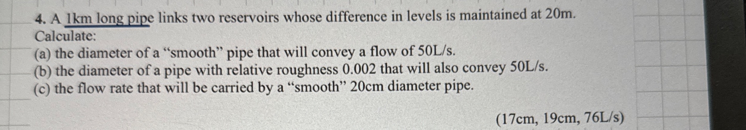 A 1 km long pipe links two reservoirs whose
