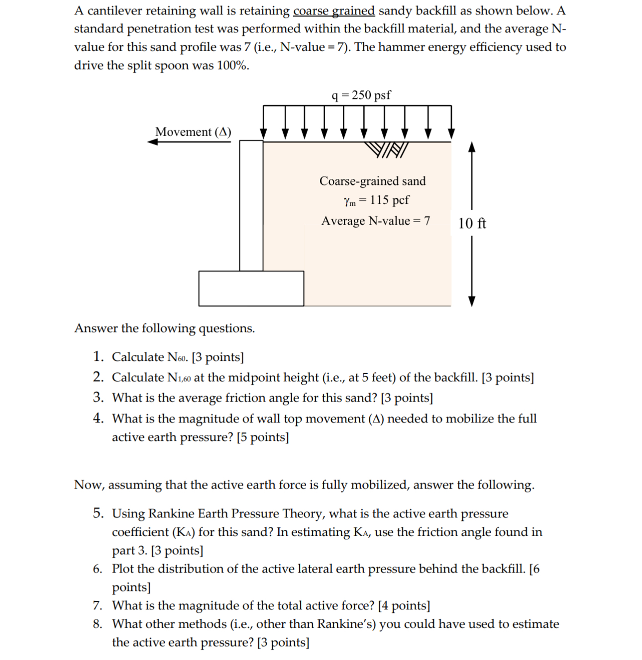 A cantilever retaining wall is retaining coarse