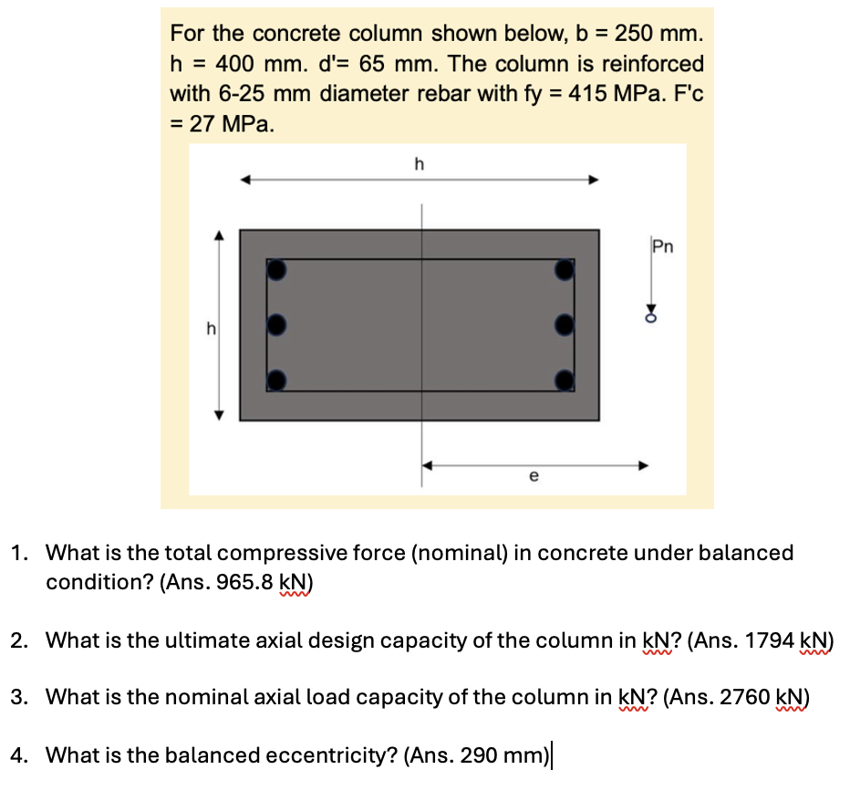 For the concrete column shown below, b = 2 5 0 mm