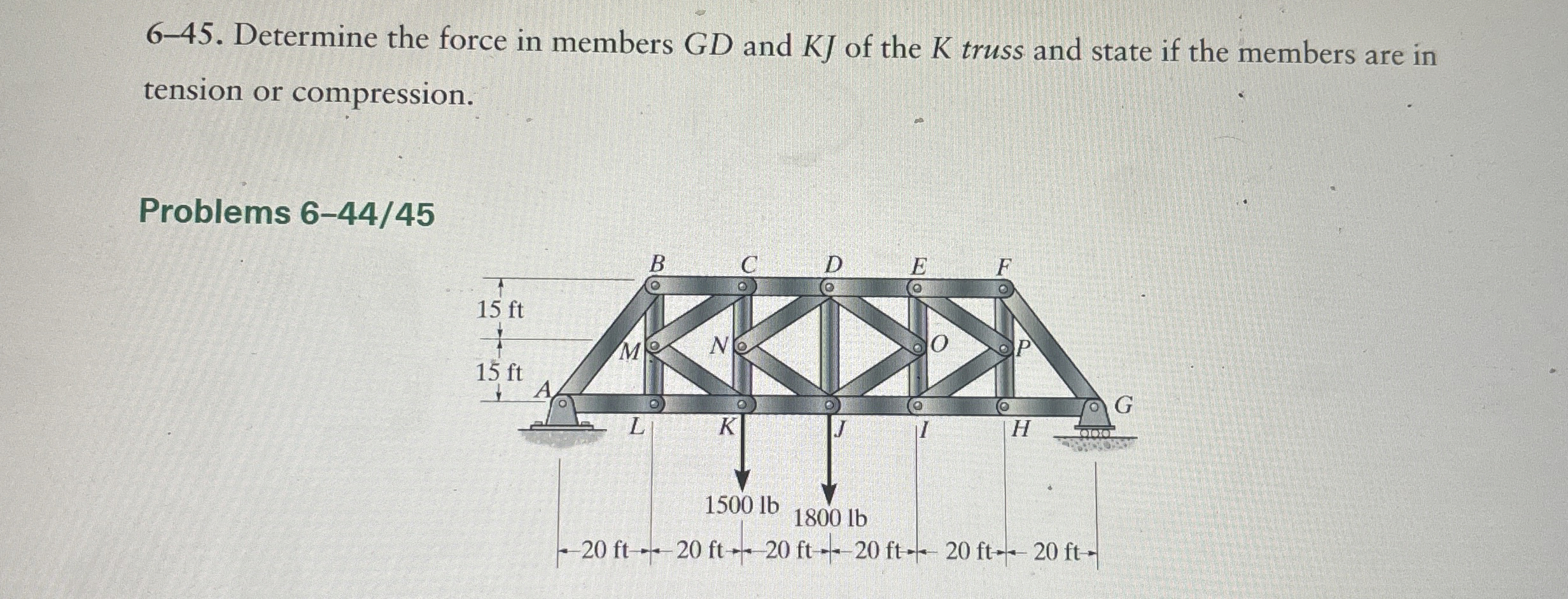 6 - 4 5 . Determine the force in members GD and K