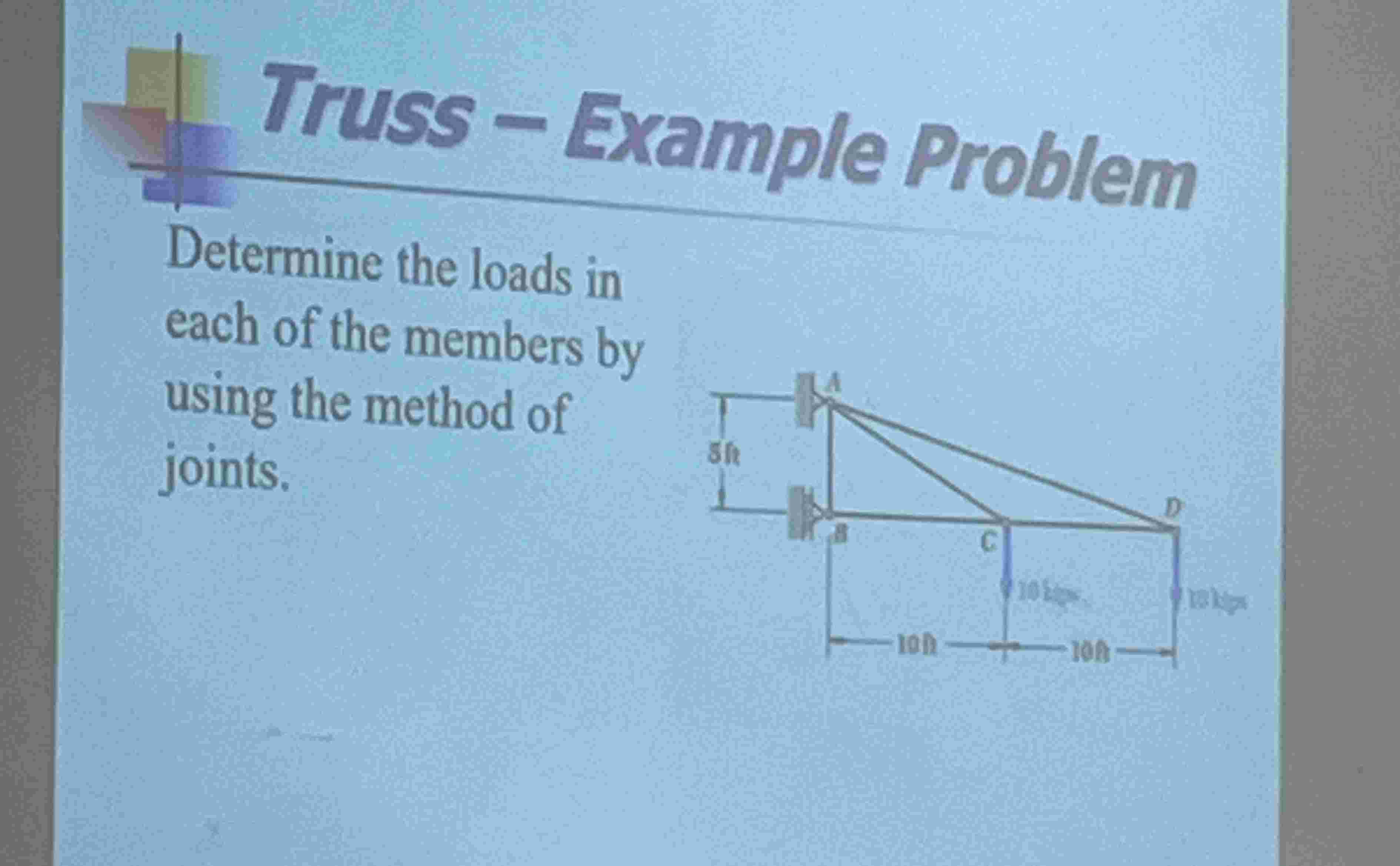 Truss - Example Problem Determine the loads in