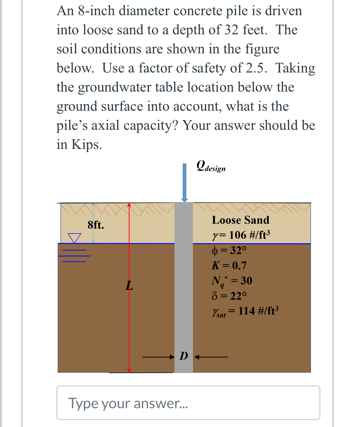 An 8 - inch diameter concrete pile is driven into