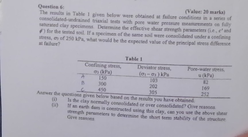 Question 6 : ( Value: 2 0 marks ) The results in
