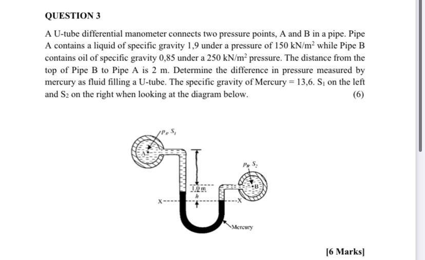 QUESTION 3 A U - tube differential manometer