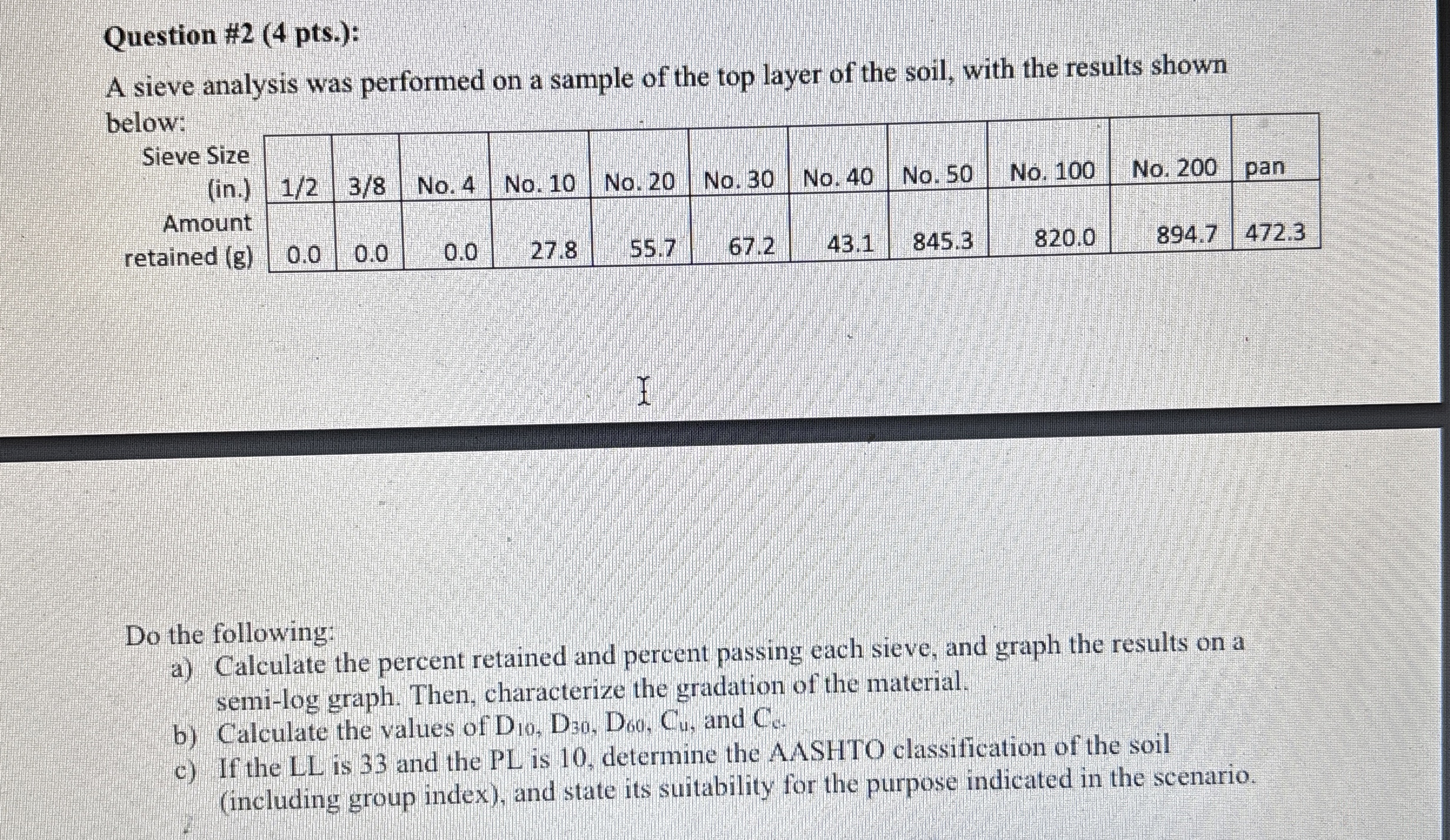 Question # 2 ( 4 pts . ) : A sieve analysis was