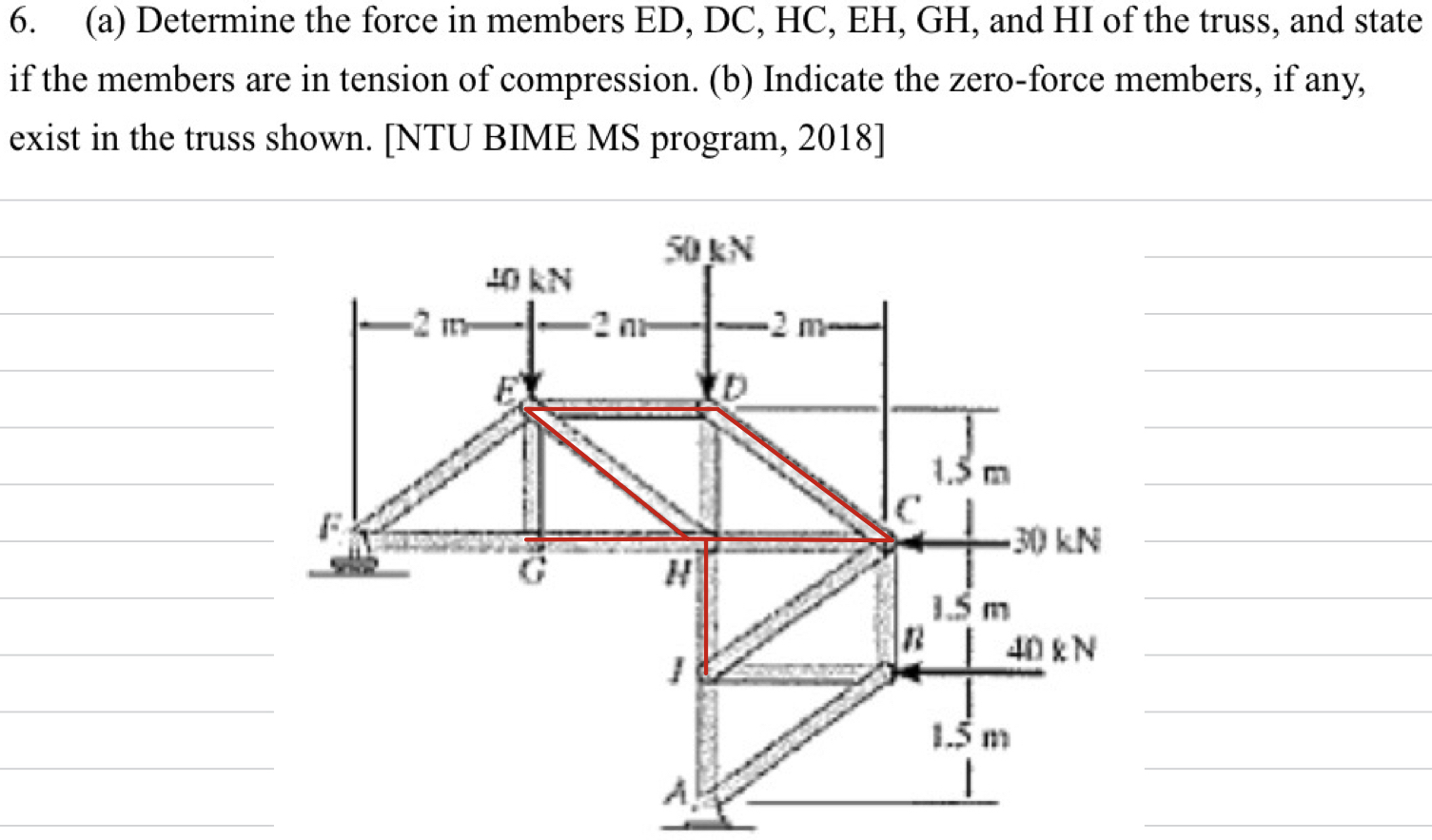 ( a ) Determine the force in members E D , D C ,