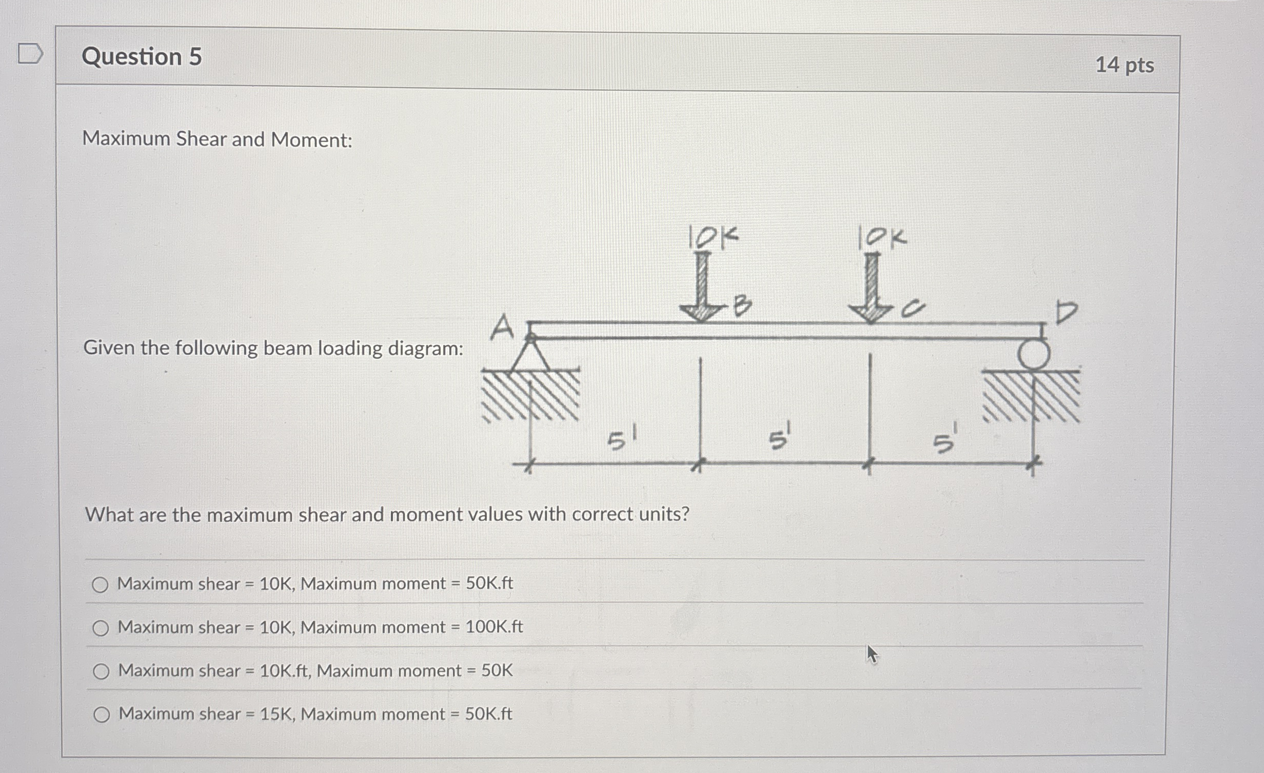 Question 5 1 4 pts Maximum Shear and Moment:
