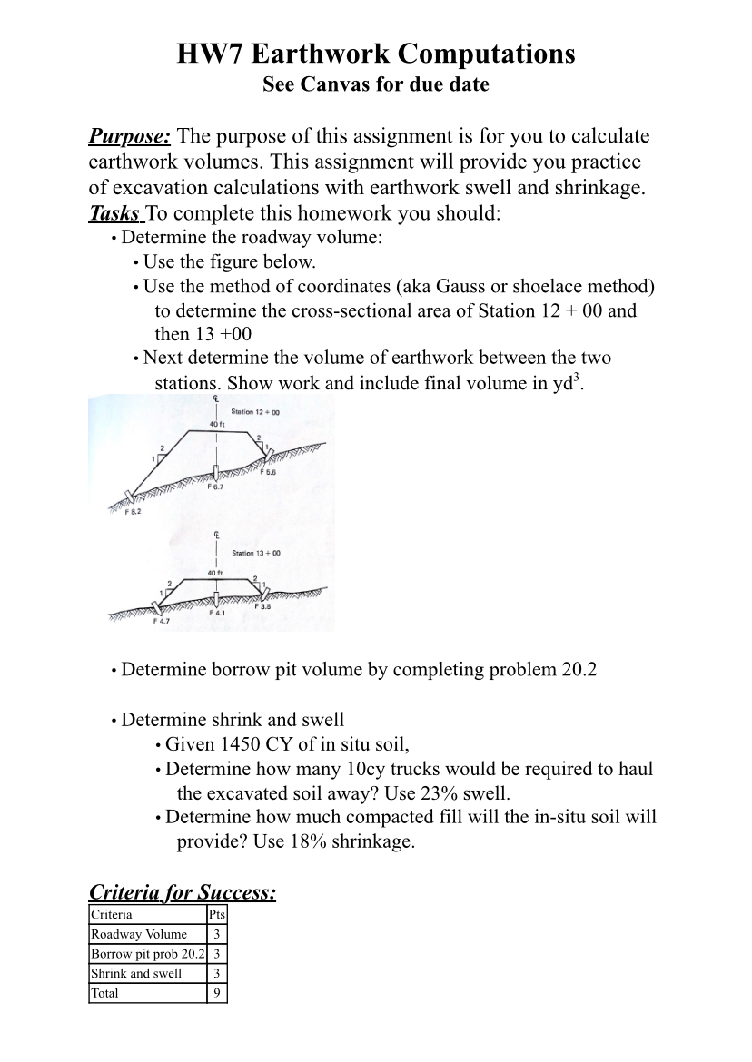 HW 7 Earthwork Computations: Solve problems 1 and