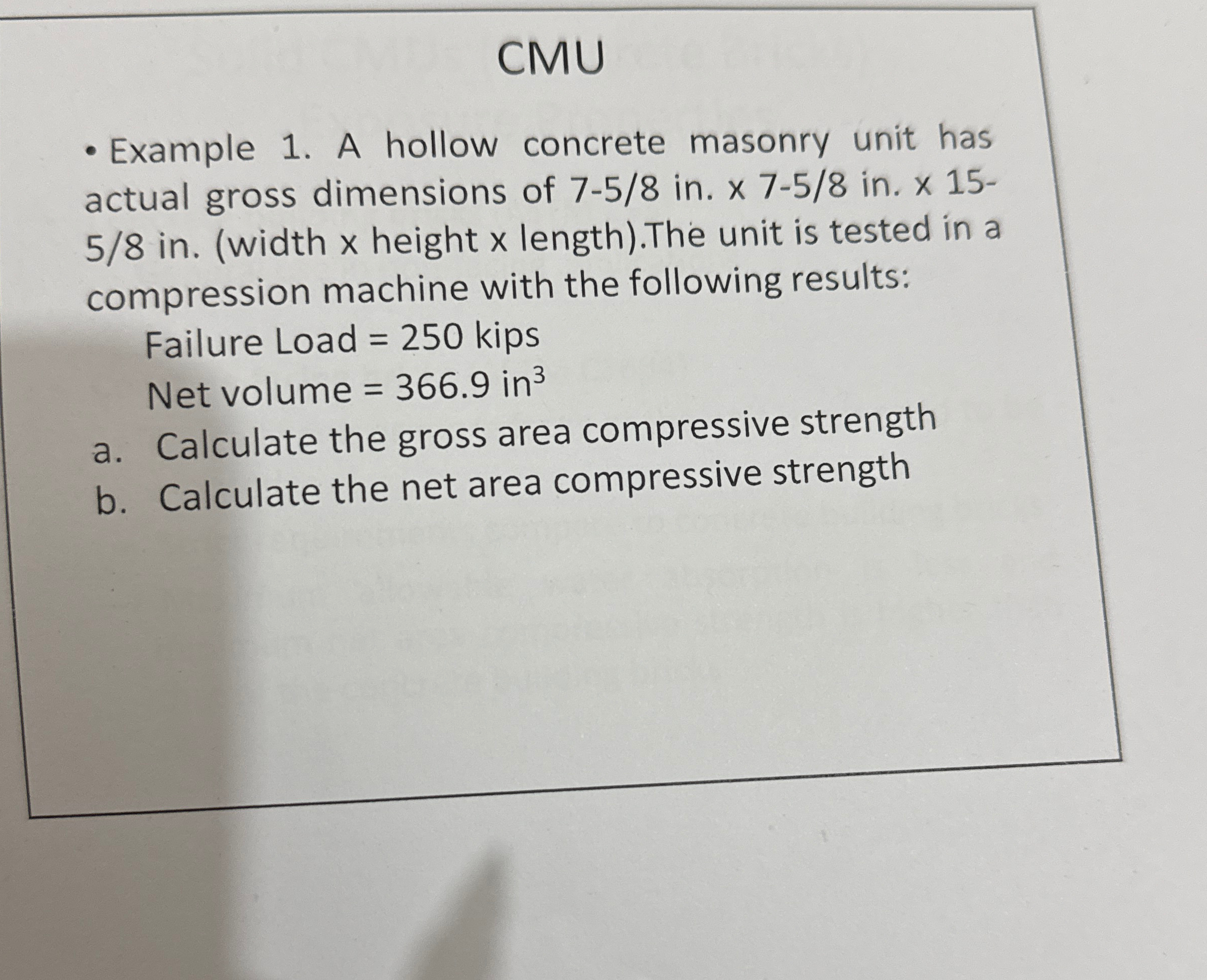 CMU Example 1 . A hollow concrete masonry unit