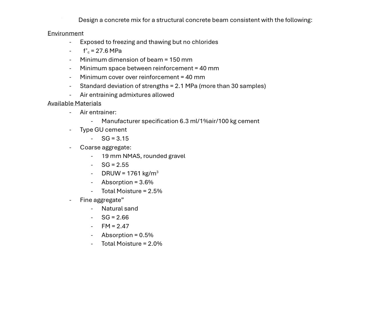 Design a concrete mix for a structural concrete