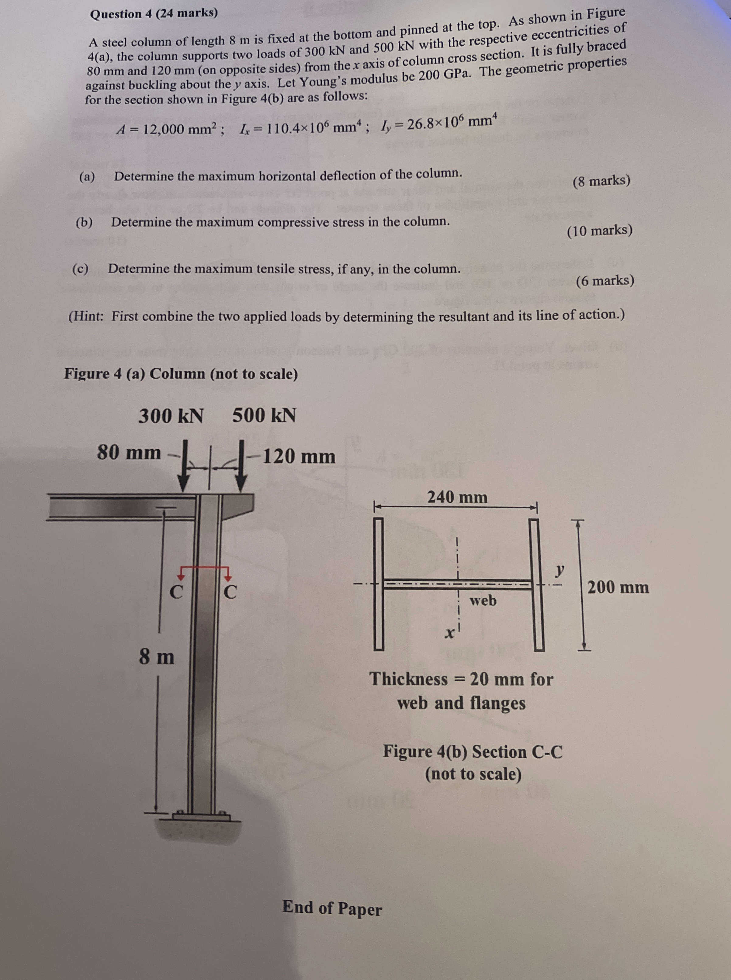 Question 4 ( 2 4 marks ) A steel column of length