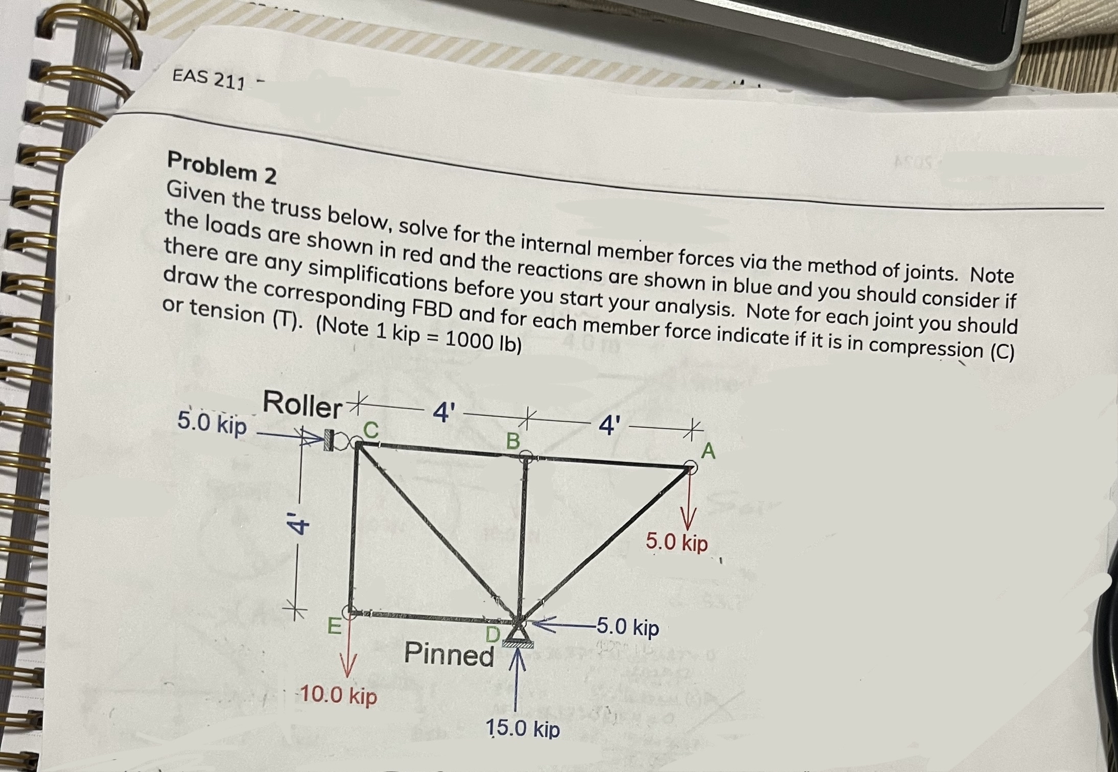 EAS 2 1 1 - Problem 2 Given the truss below,