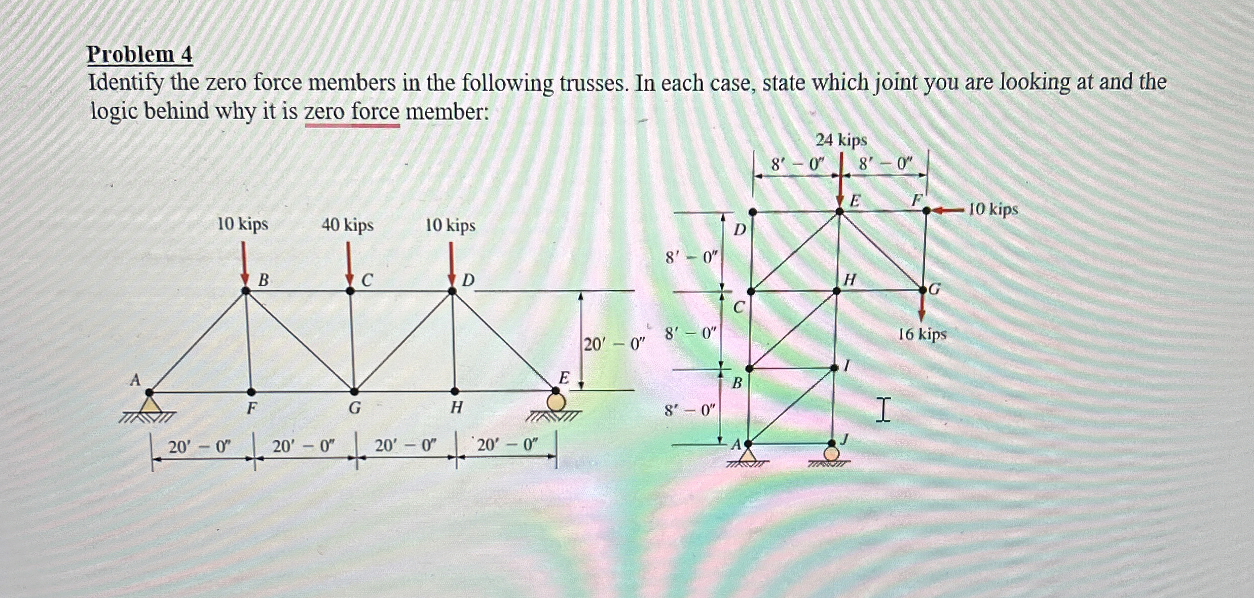 Problem 4 Identify the zero force members in the