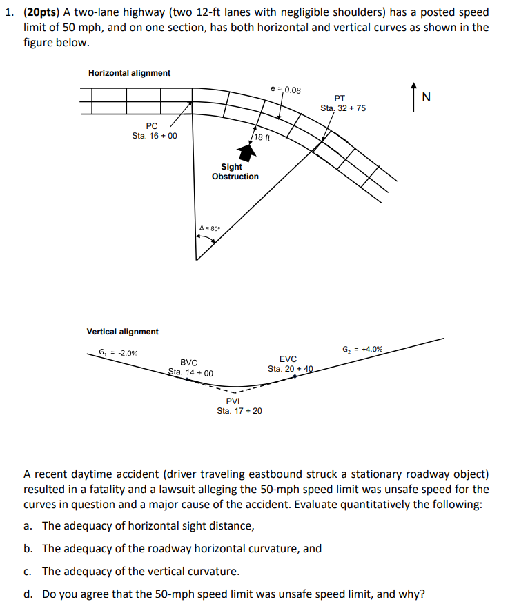 1 . ( 2 0 pts ) A two - lane highway ( two 1 2 -