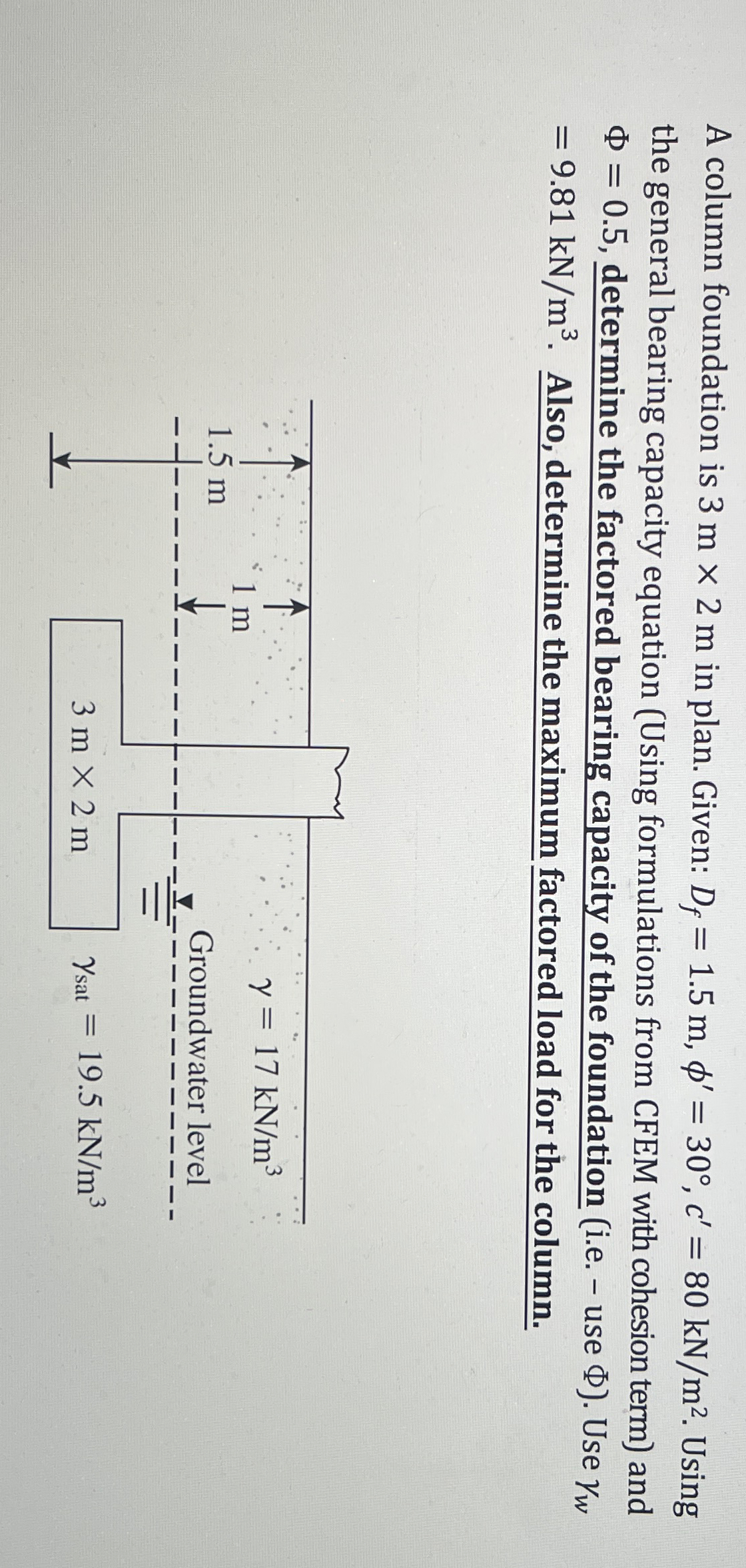 A column foundation is 3 m 2 m in plan. Given: D