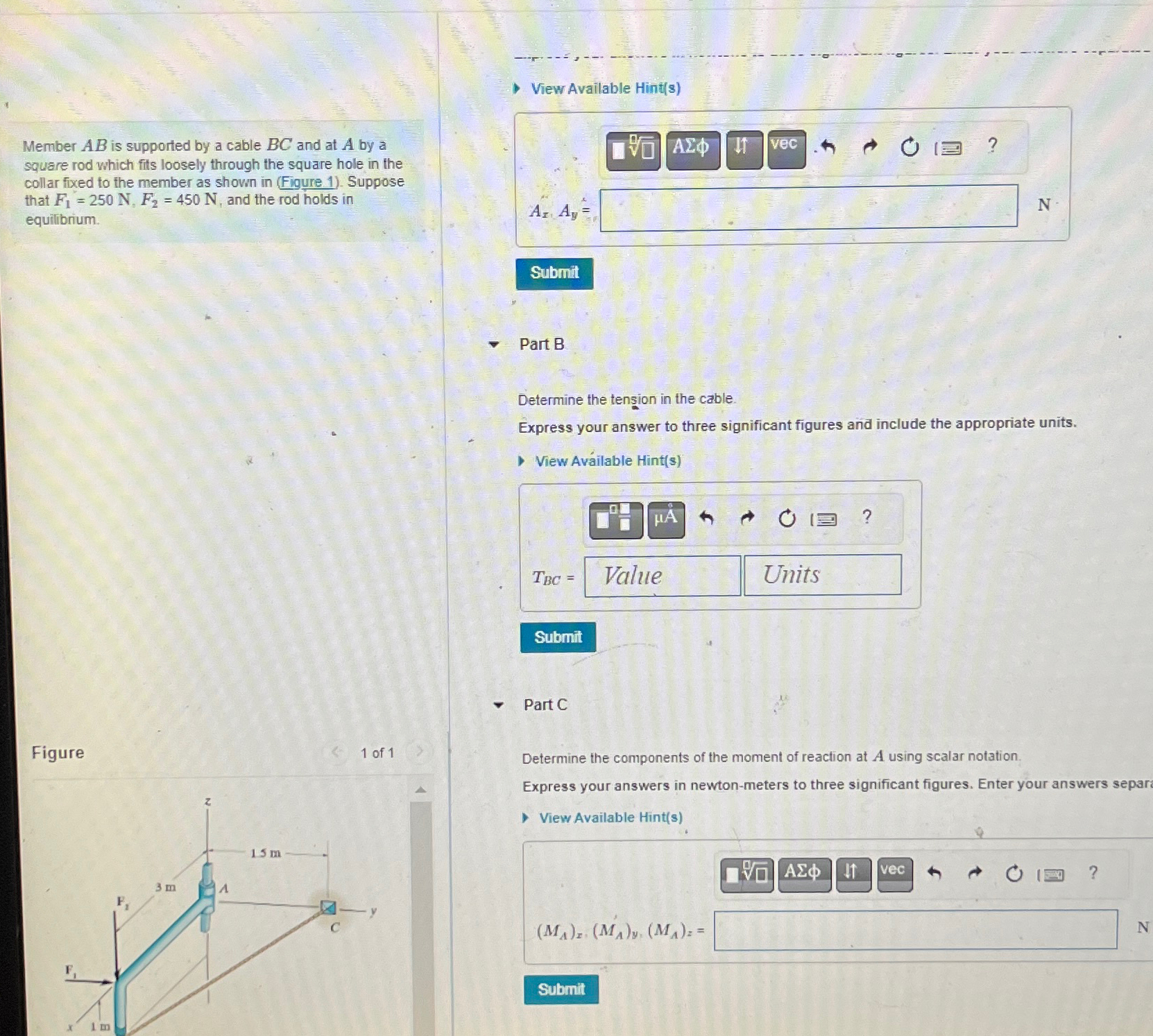 Member A B is supported by a cable B C and at A