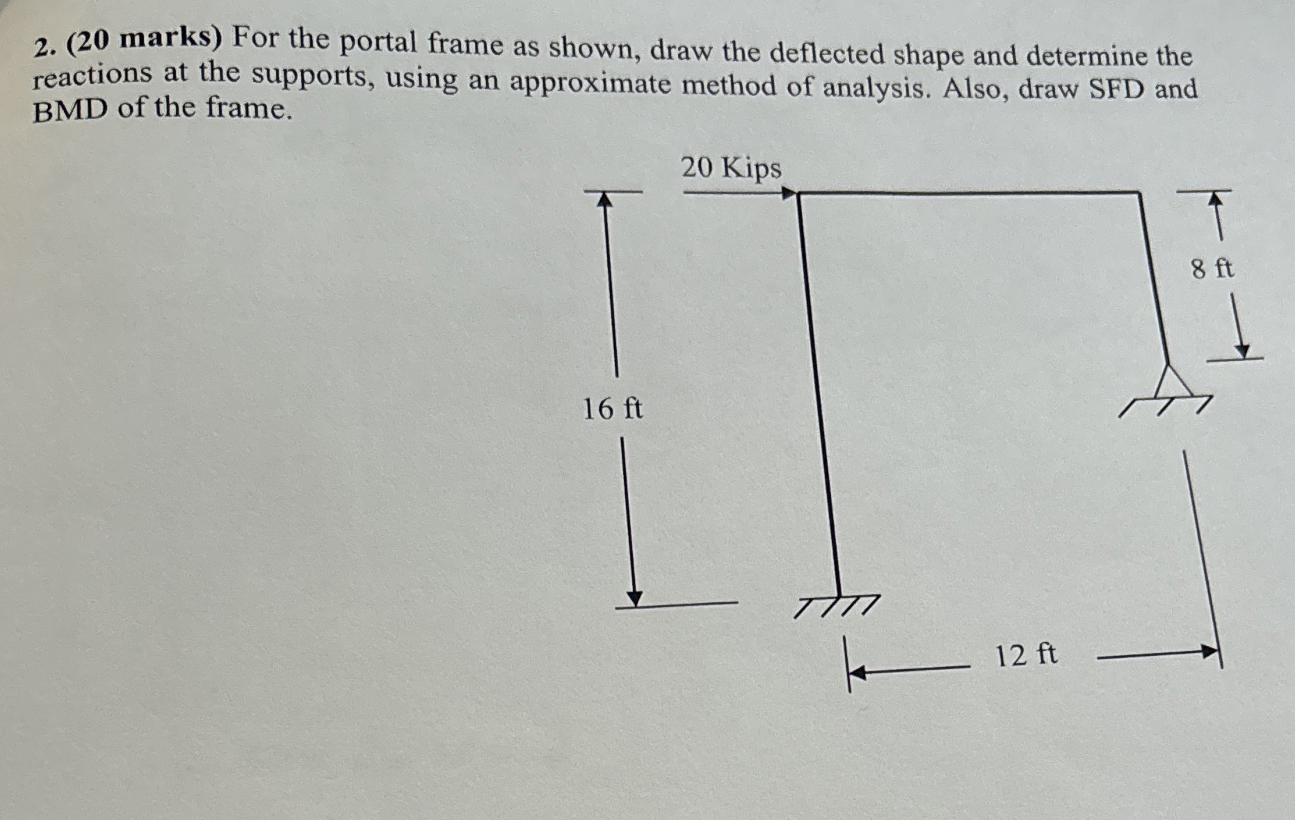 ( 2 0 marks ) For the portal frame as shown, draw