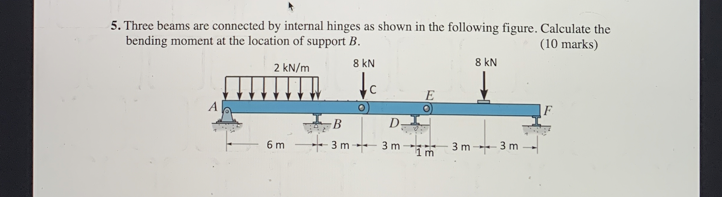 Three beams are connected by internal hinges as