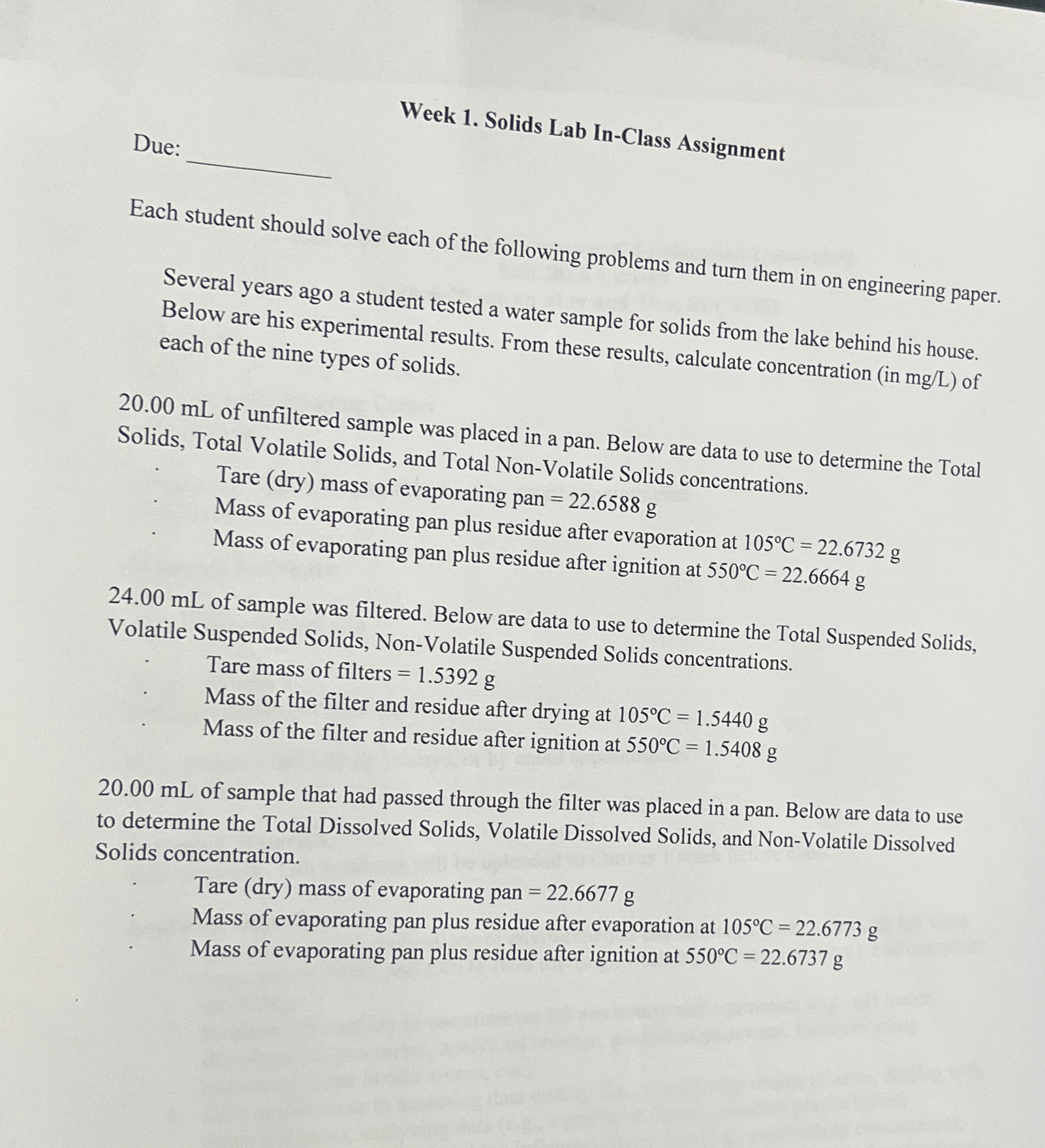 Due Week 1 . Solids Lab In - Class Assignment