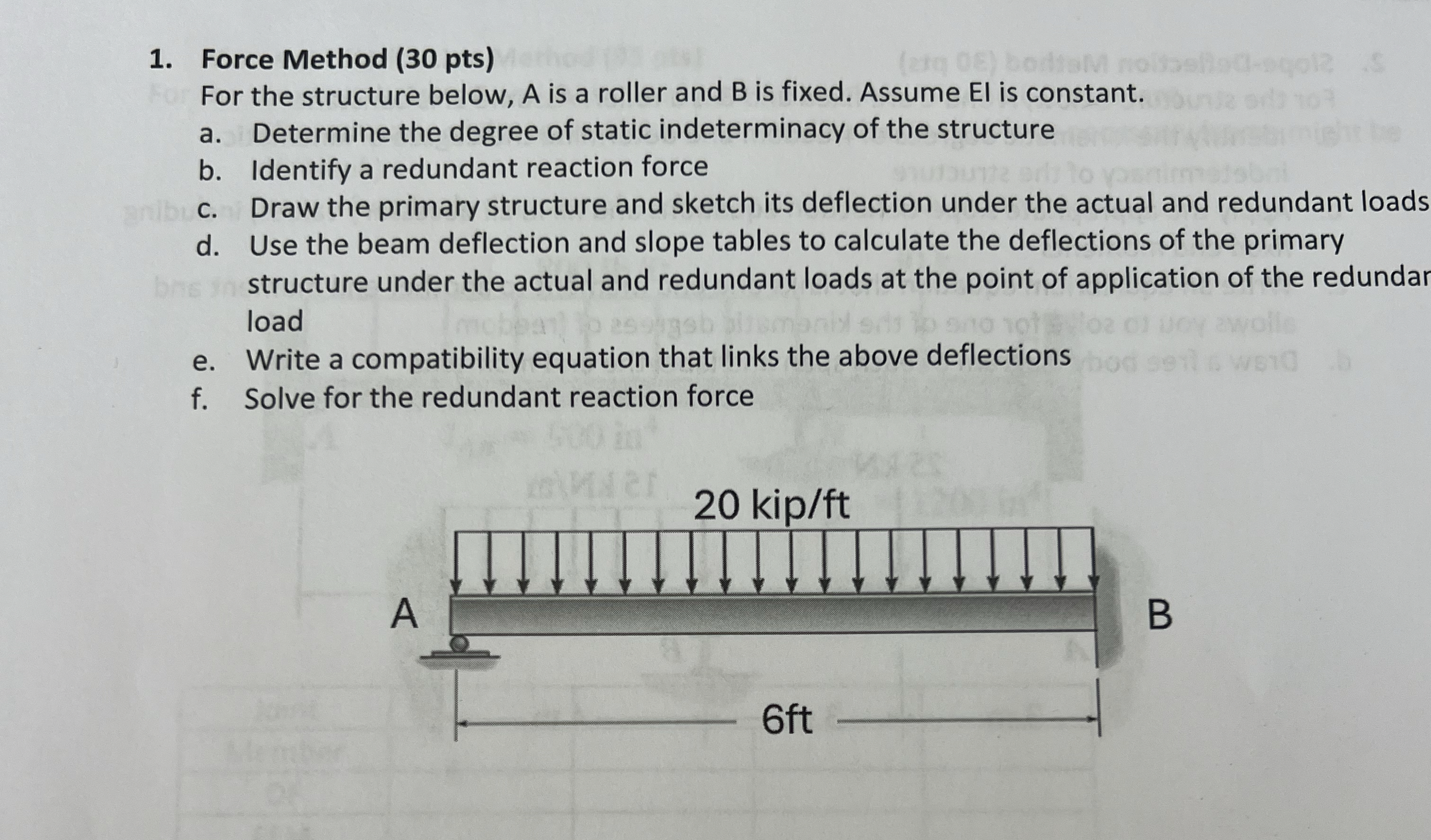 Force Method ( 3 0 pts ) For the structure below,
