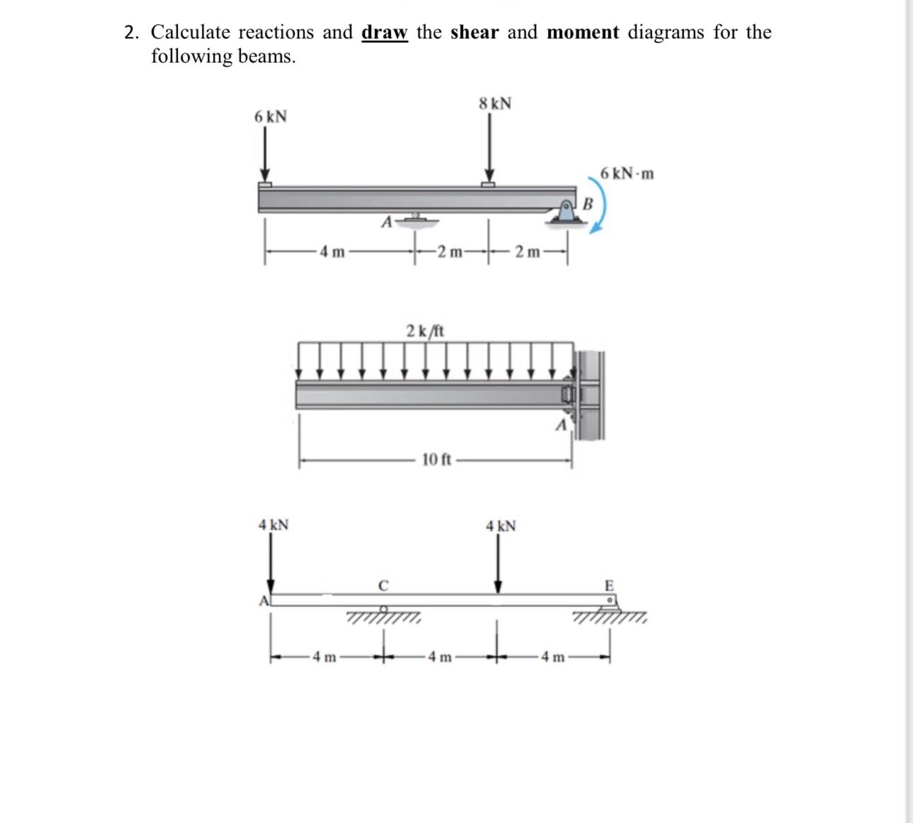 Calculate reactions and draw the shear and moment