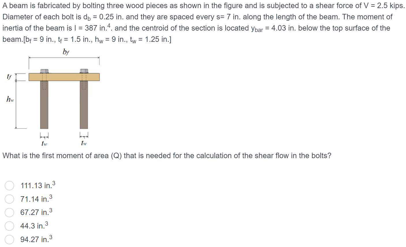 A beam is fabricated by bolting three wood pieces