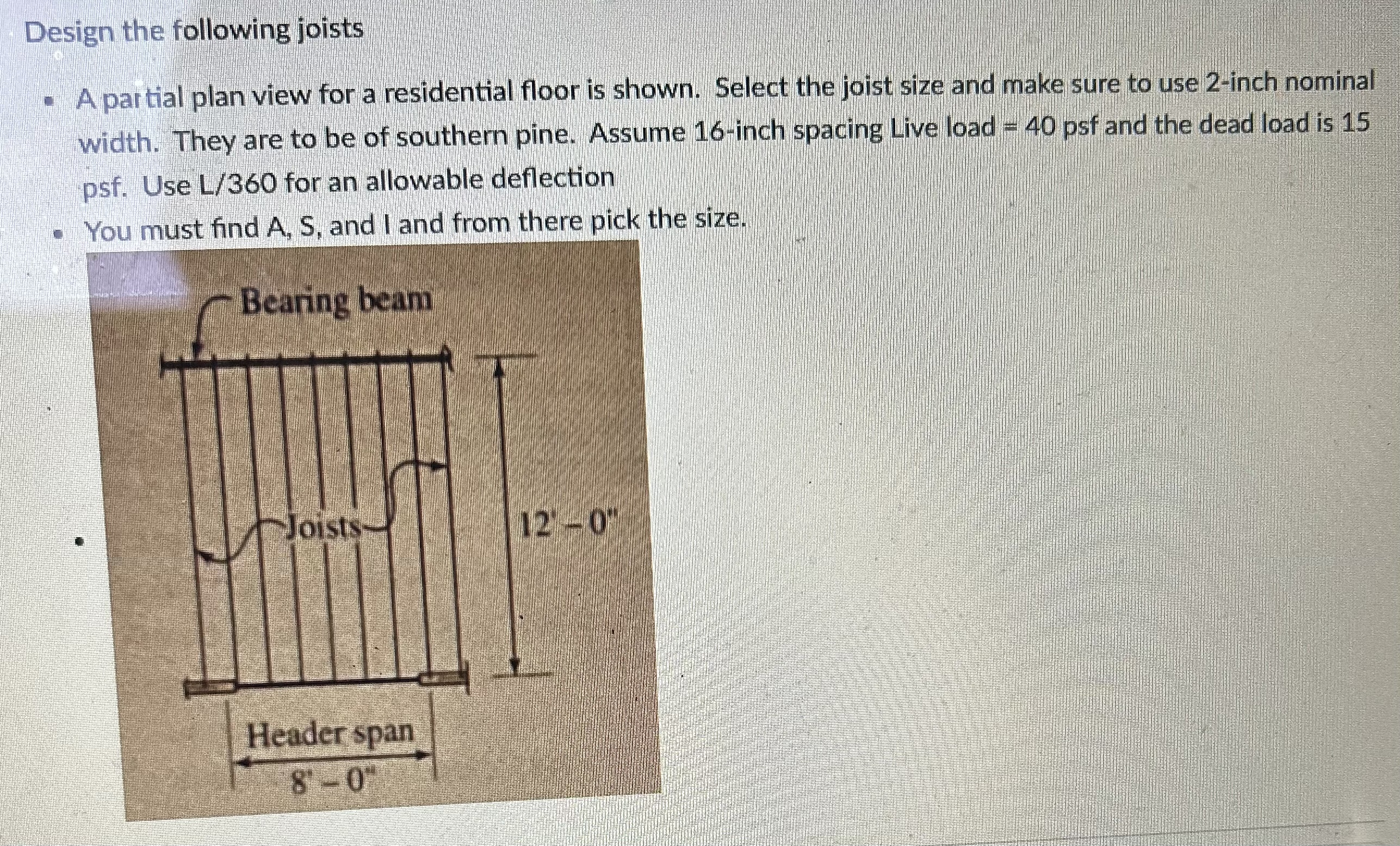 Design the following joists - A partial plan view