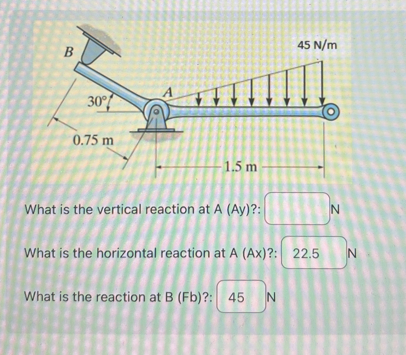 What is the vertical reaction at A ( A y ) ? : N