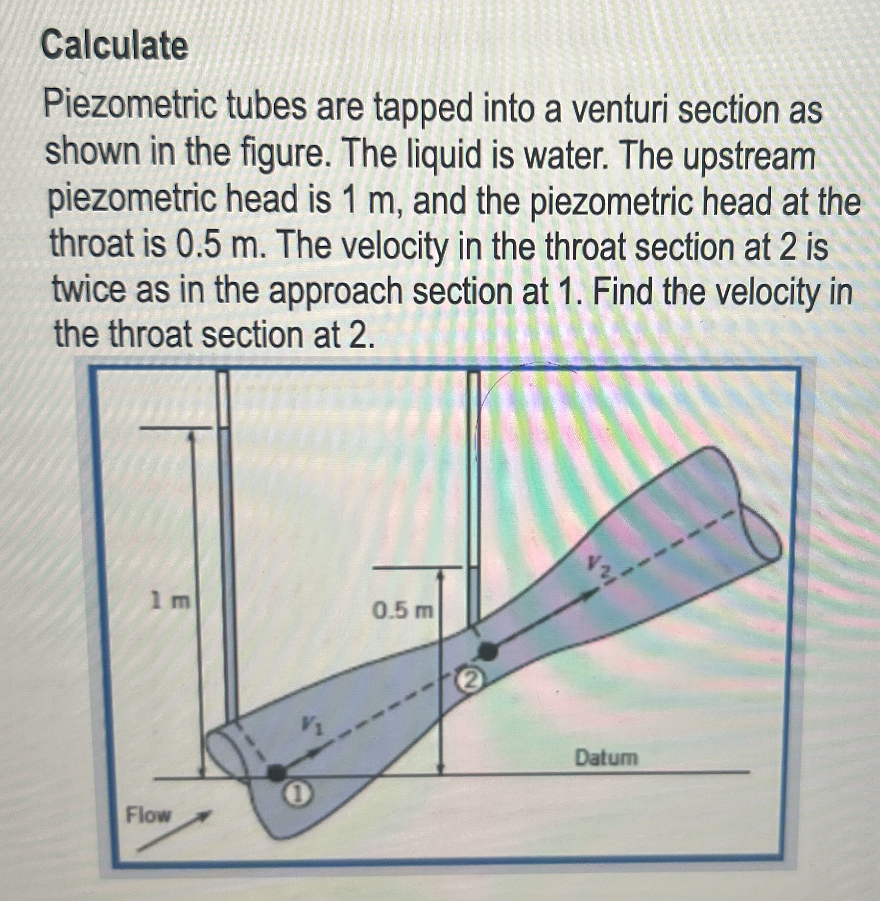 Calculate Piezometric tubes are tapped into a