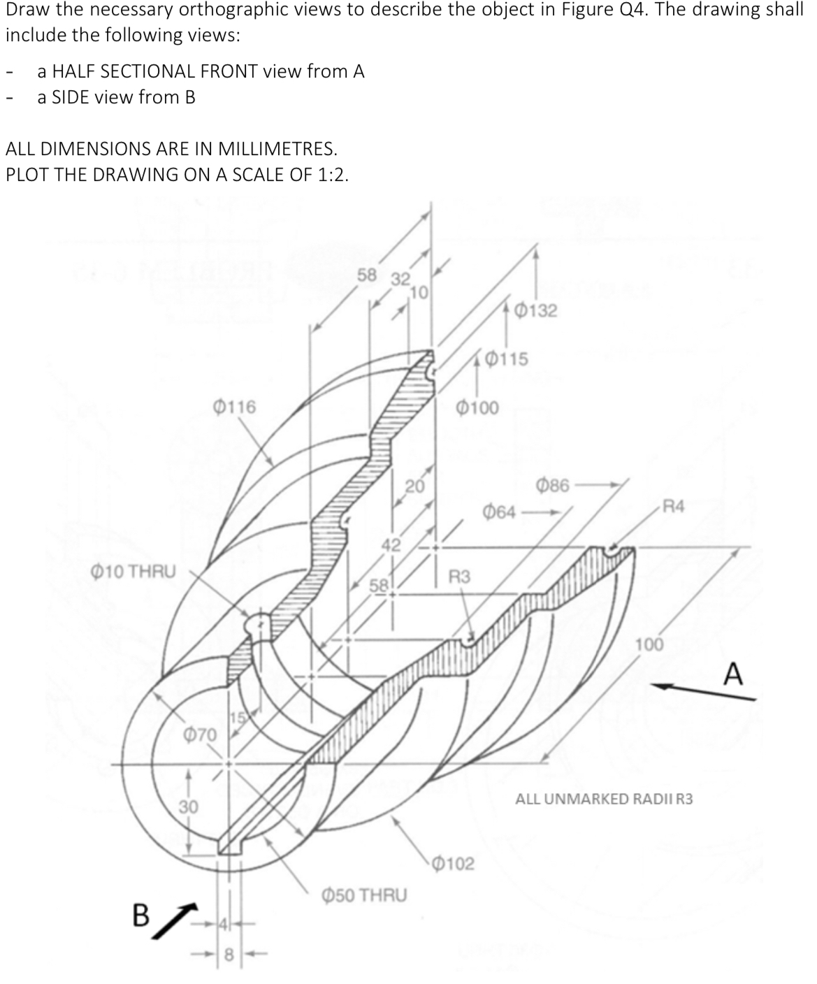 Draw a Half Section Front view from A and a Side