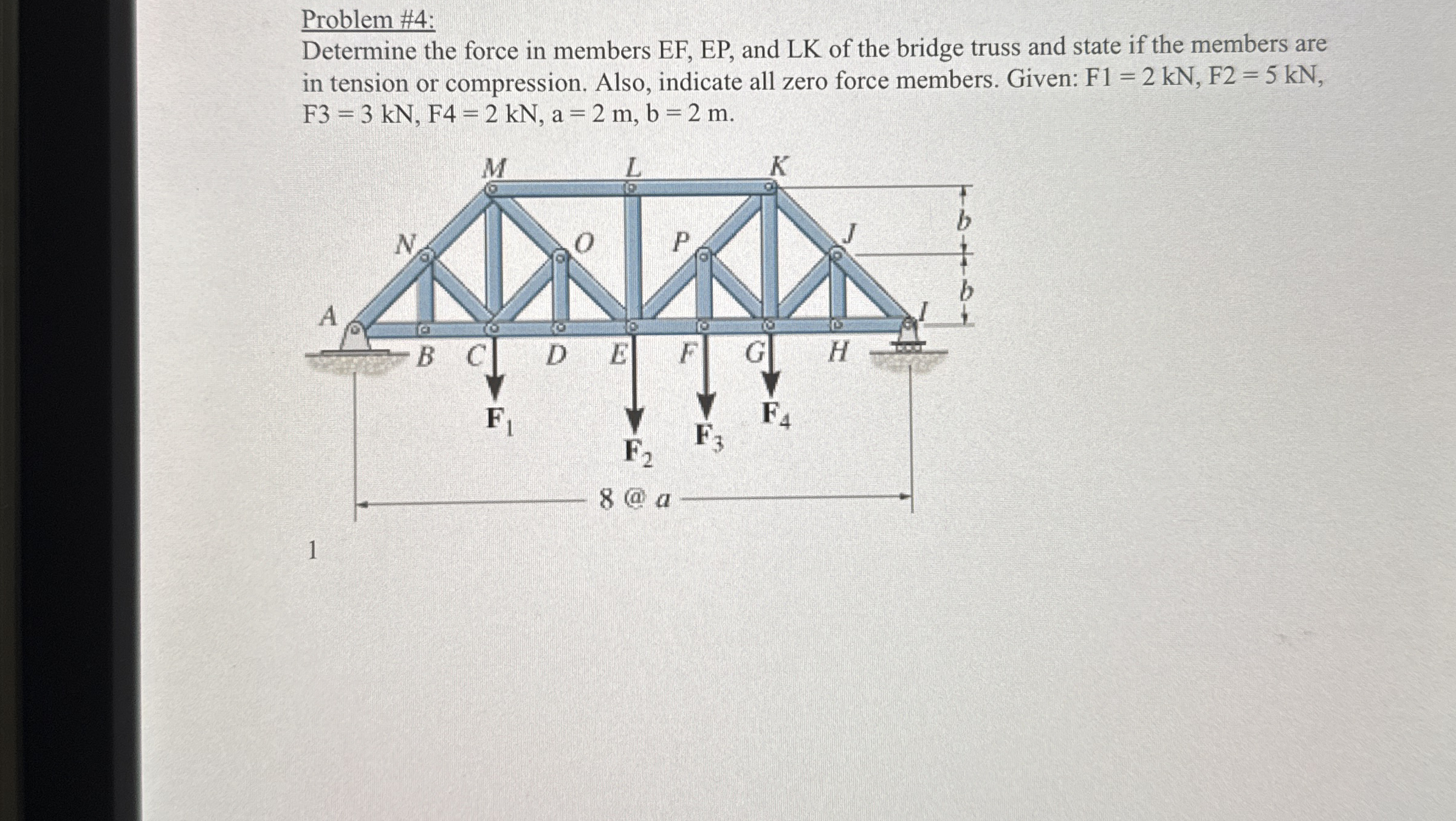 Problem # 4 : Determine the force in members EF ,