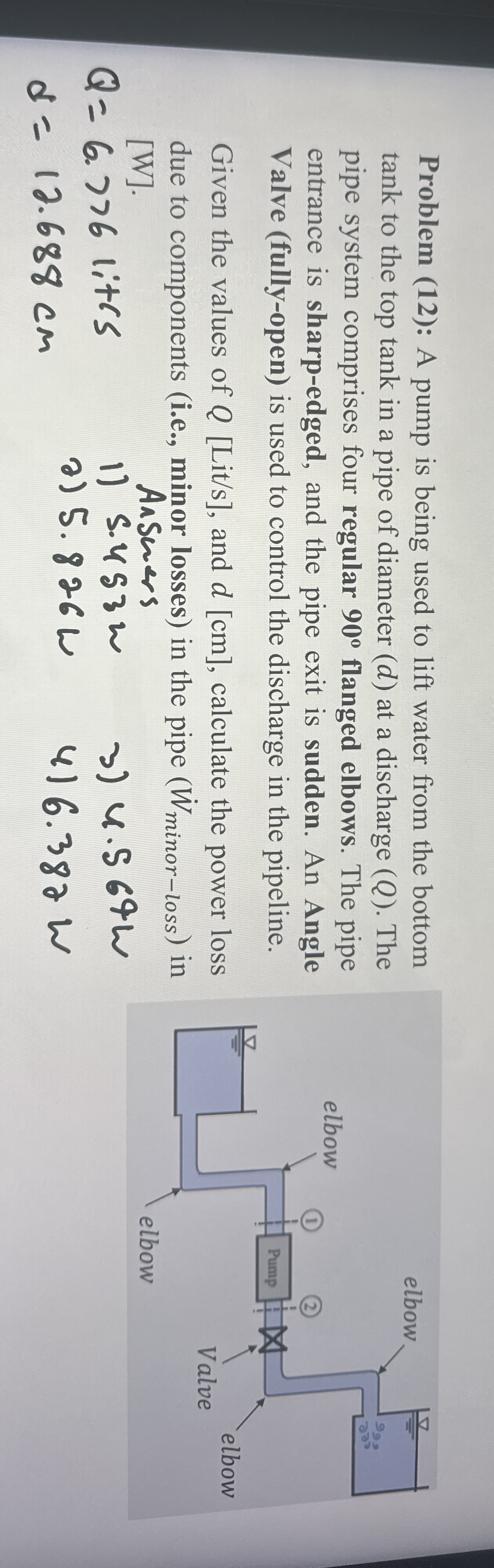 Problem ( 1 2 ) : A pump is being used to lift