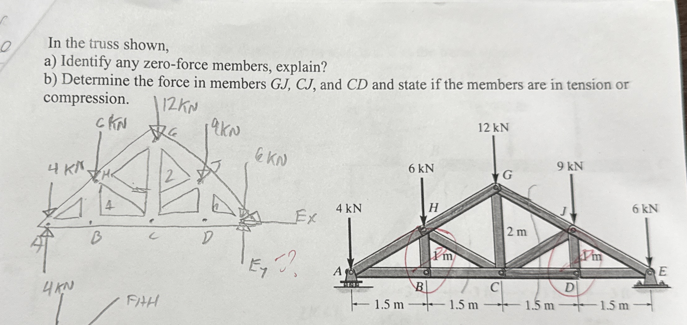 In the truss shown, a ) Identify any zero - force