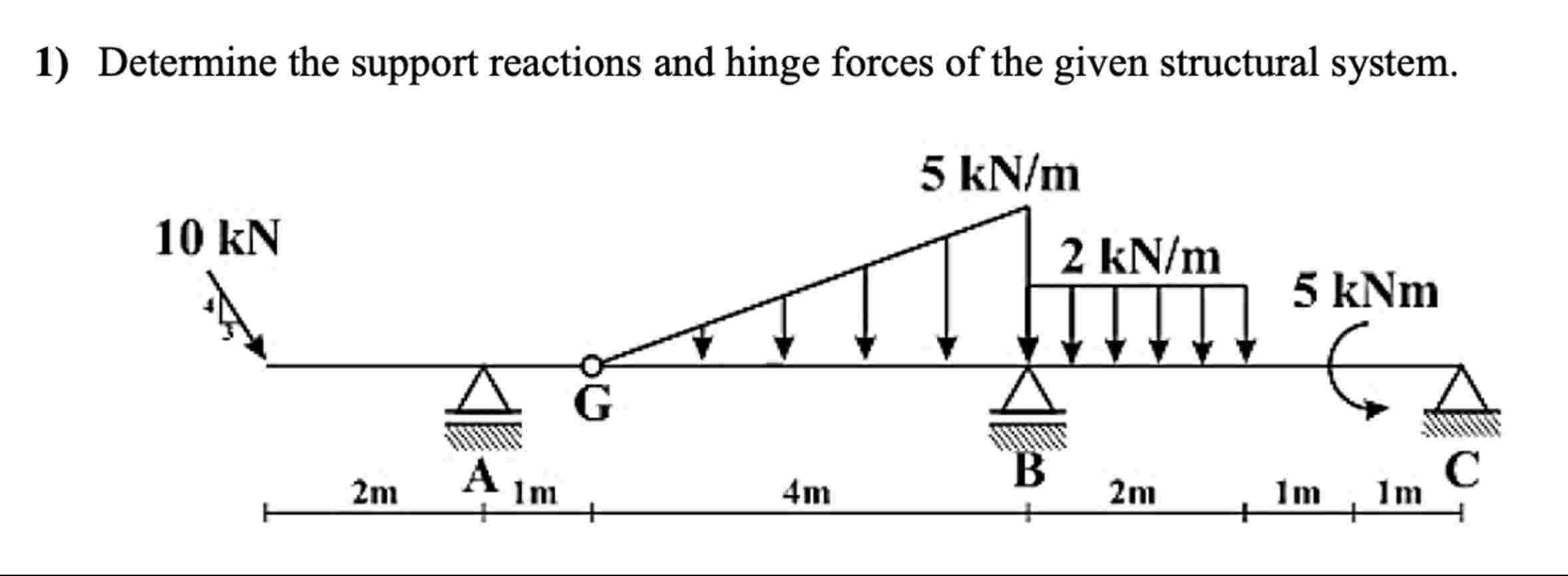 1 ) Determine the support reactions and hinge