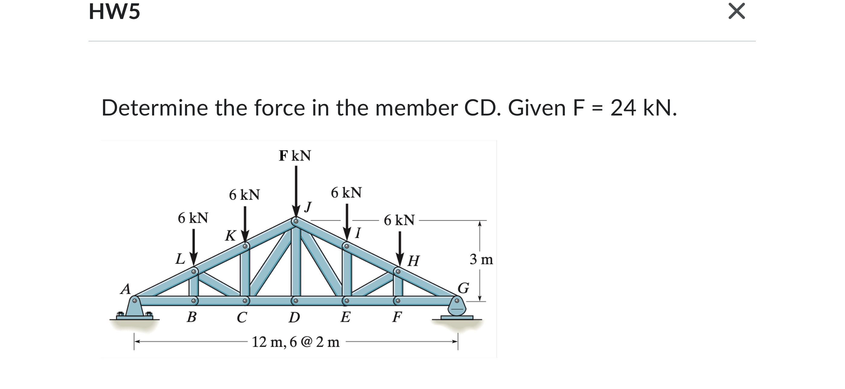 HW 5 Determine the force in the member CD . Given