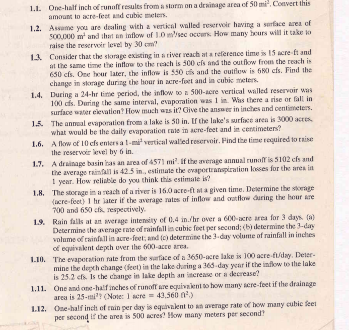 1 . 1 . One - half inch of runoff results from a