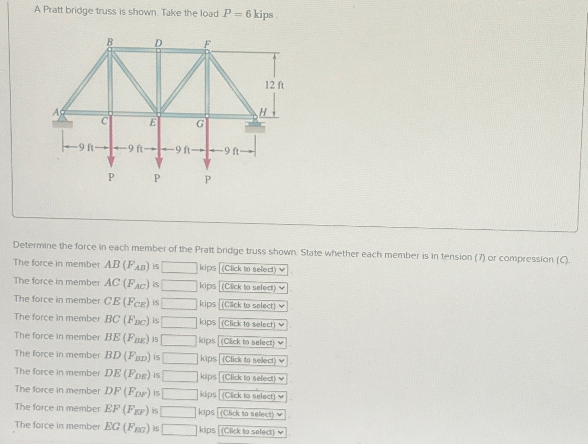 A Pratt bridge truss is shown. Take the load P =