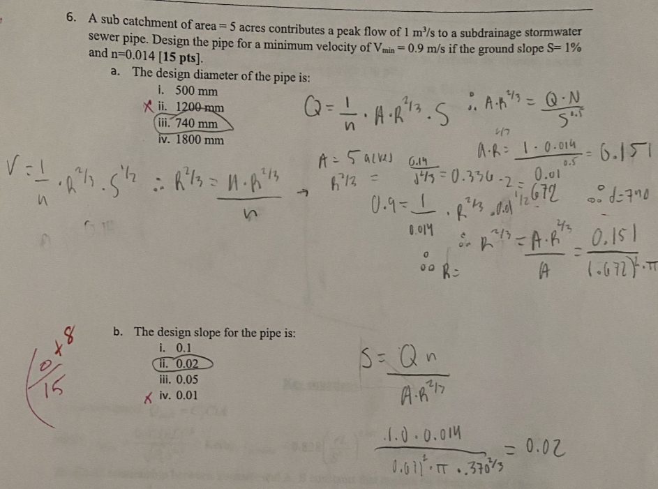 A sub catchment of area = 5 acres contributes a