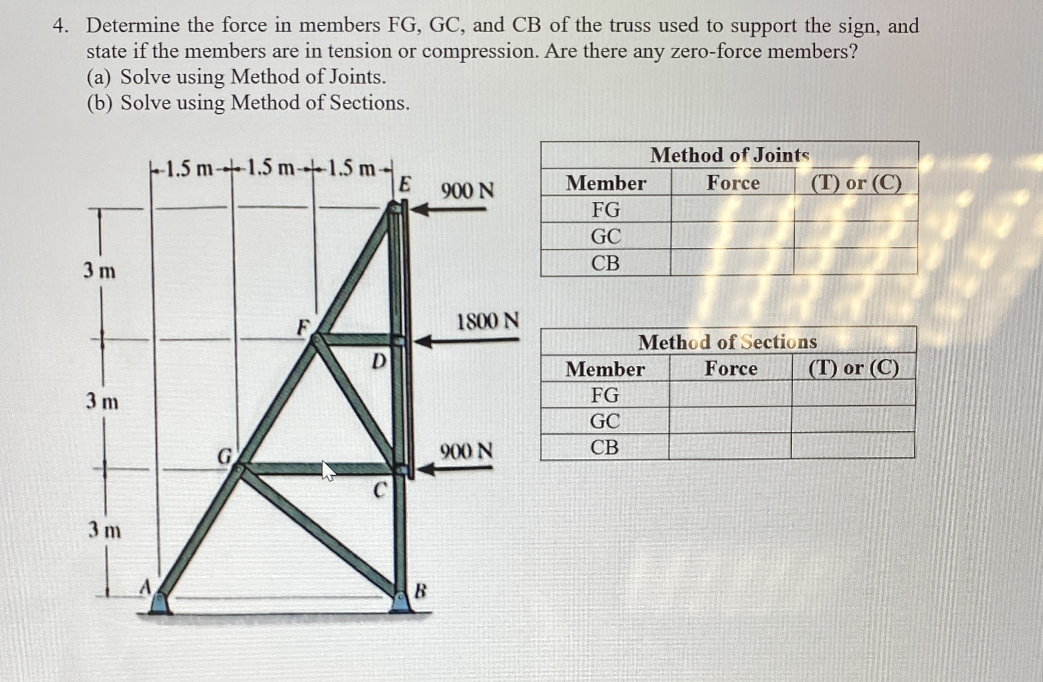 Determine the force in members FG , GC , and CB