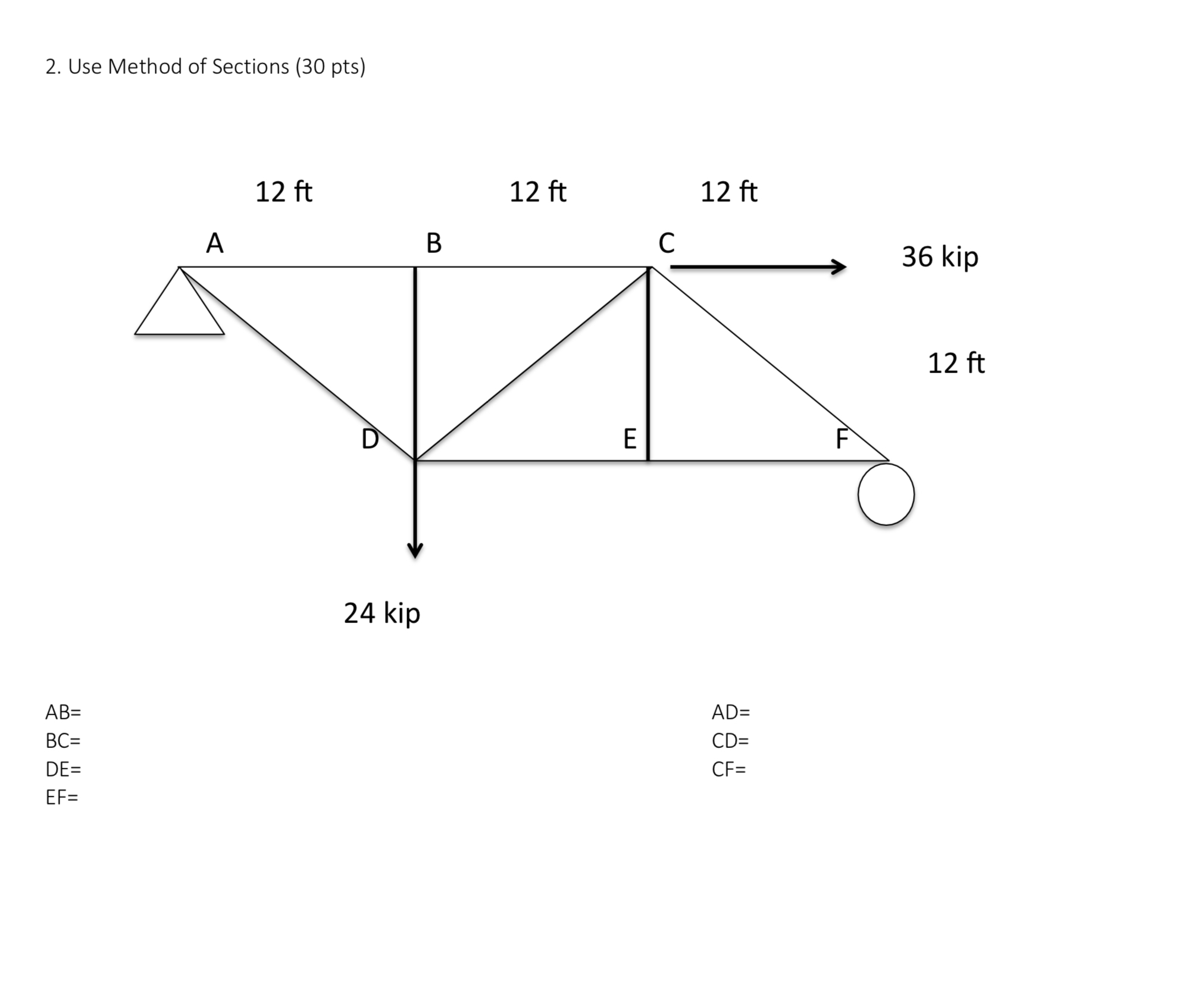 2 . Use Method of Sections ( 3 0 pts )