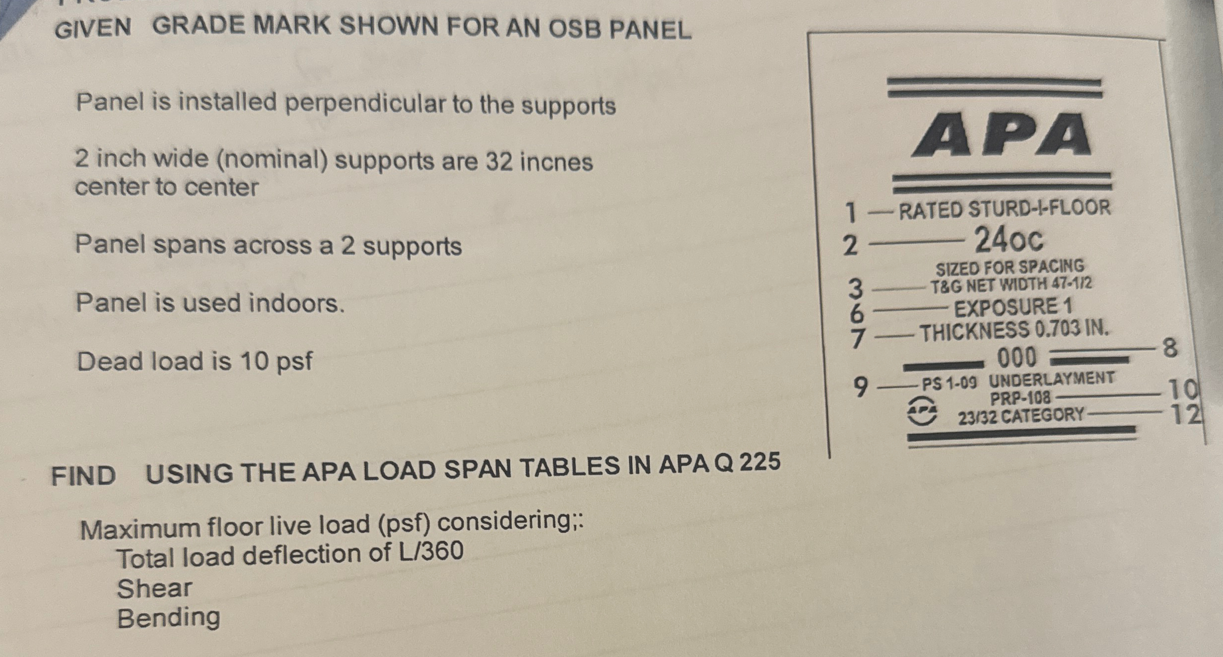 GIVEN GRADE MARK SHOWN FOR AN OSB PANEL Panel is