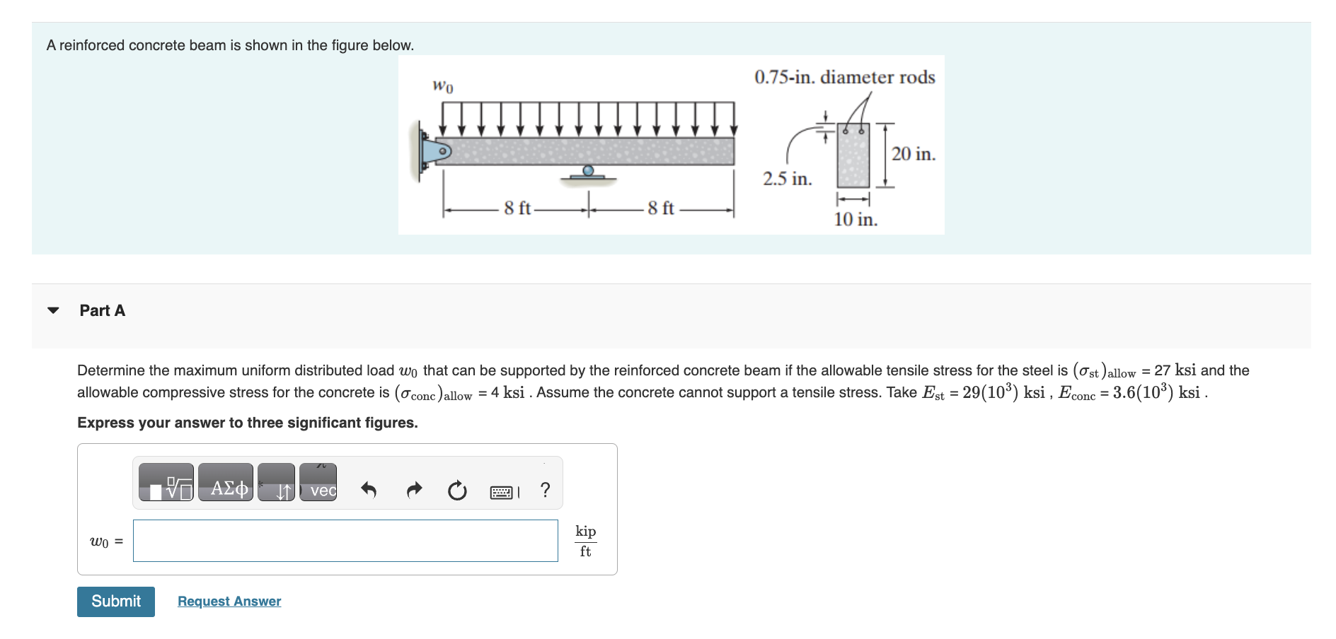 A reinforced concrete beam is shown in the figure