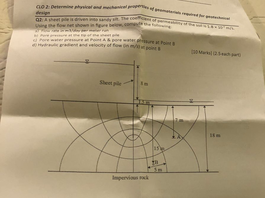 Q 2 : A sheet pile is driven into sandy silt. The