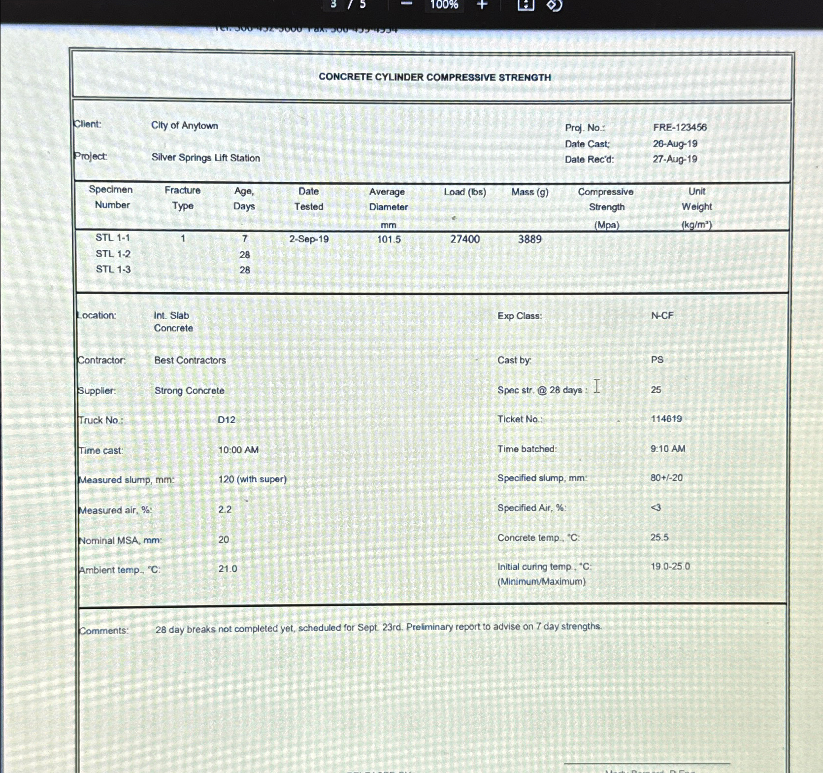 upon completion of 7 - day compressive strength