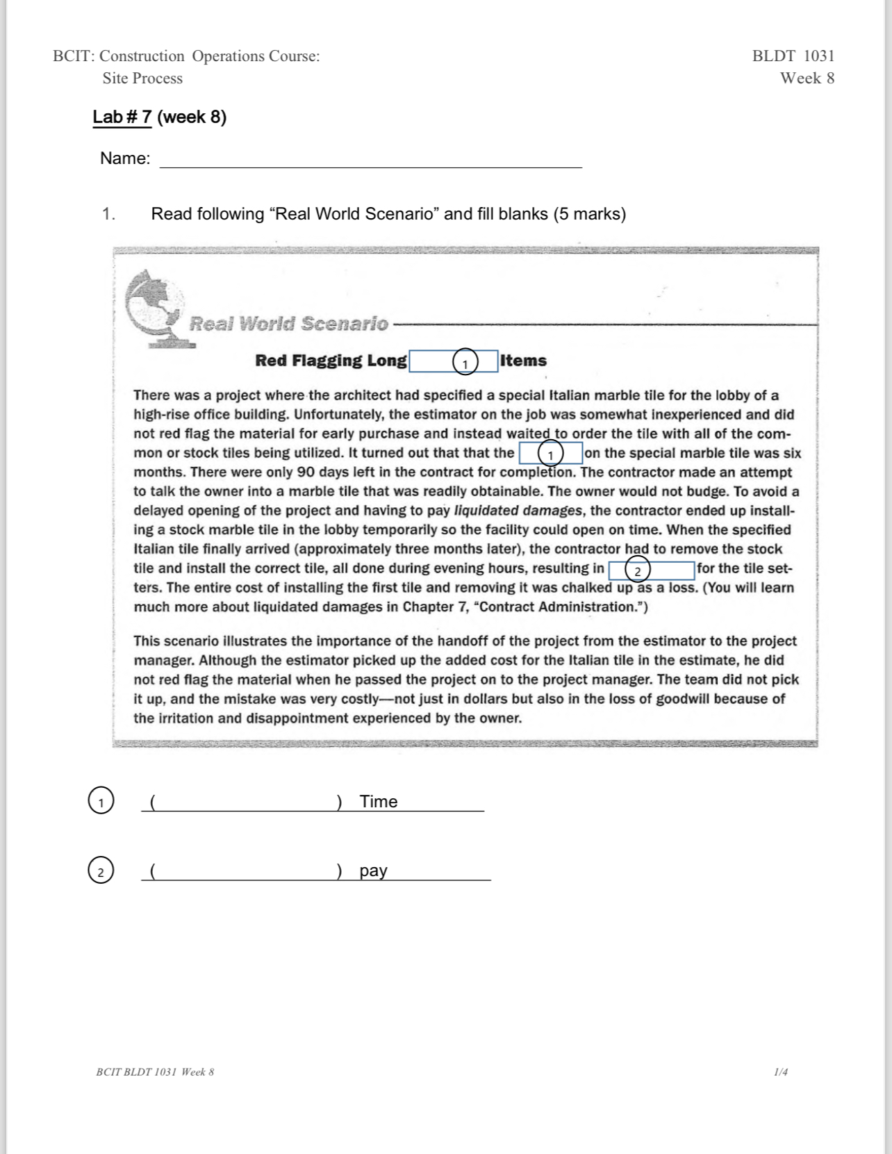 BCIT: Construction Operations Course: BLDT 1 0 3