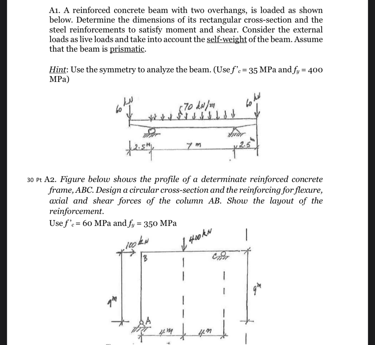 A 1 . A reinforced concrete beam with two